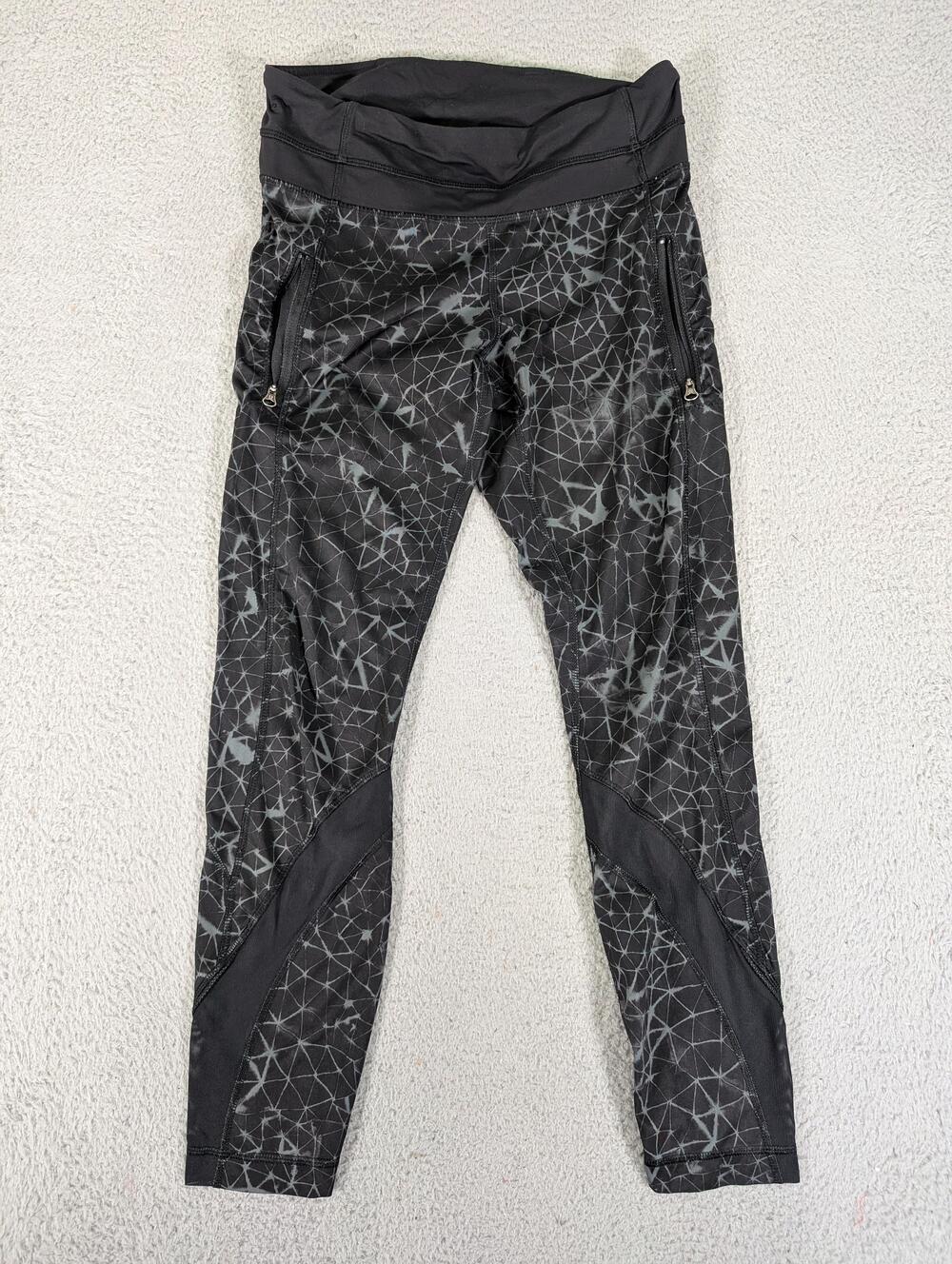 Lululemon Pants Womens 6 Black Reflective Geo Print Leggings Zip Pockets Mesh
